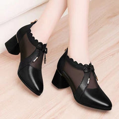 Zipper Pointed Toe Mesh Deep Low-heel Shoes