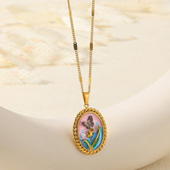 Oil Painting Stainless Steel Oil-spot Glaze Flowers Necklace