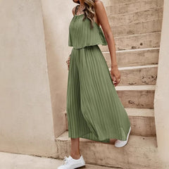 Women's Summer Solid Color Vacation Loose Suit Strap Backless Thin Romper Streetwear INS One-Piece Outfit Beach Style Striped Wide Leg Trousers Casual Suit