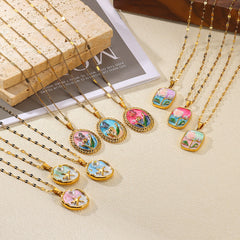 Oil Painting Stainless Steel Oil-spot Glaze Flowers Necklace