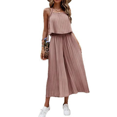 Women's Summer Solid Color Vacation Loose Suit Strap Backless Thin Romper Streetwear INS One-Piece Outfit Beach Style Striped Wide Leg Trousers Casual Suit