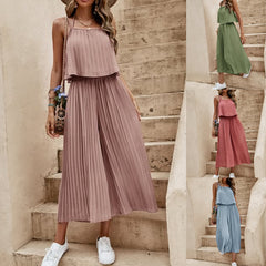 Women's Summer Solid Color Vacation Loose Suit Strap Backless Thin Romper Streetwear INS One-Piece Outfit Beach Style Striped Wide Leg Trousers Casual Suit