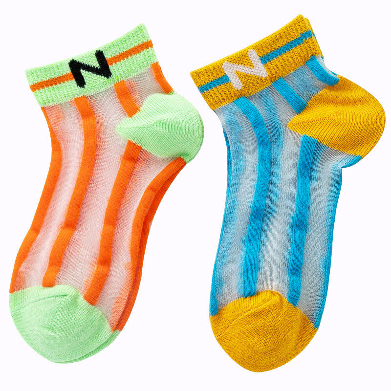 Children's Socks Summer Thin Section Girls Rainbow Vertical Bar Crystal Stockings