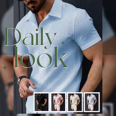 Leisure Breathable Beach Two Piece Suits Mens Summer Casual Short Sleeve Shirt And Shorts Men Outfits Vintage Textured Solid Set